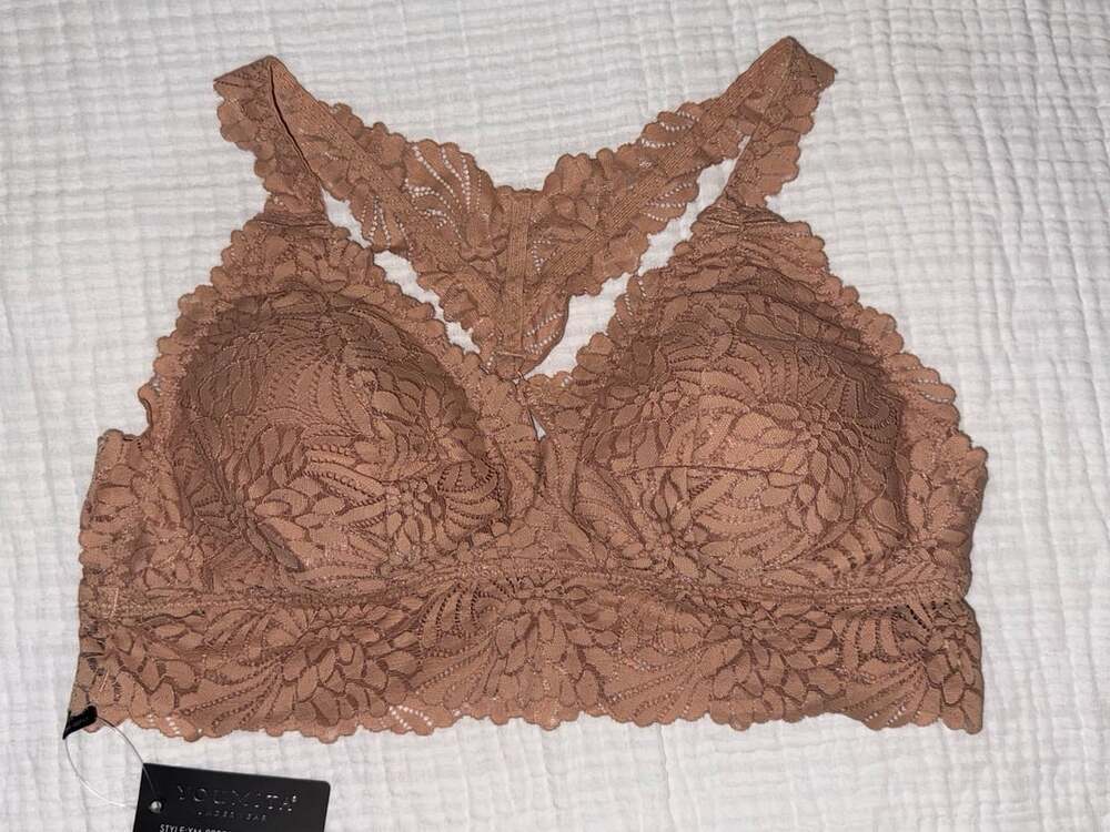Youmita Mocha Brown Floral Lace Racerback Bralette XL NWT Padded Wireless